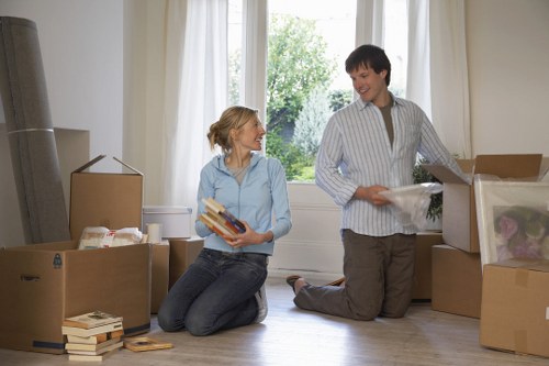 Packed boxes and furniture ready for a move in Islington