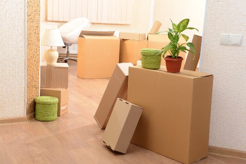 Furniture and boxes prepared for transport by a local van service